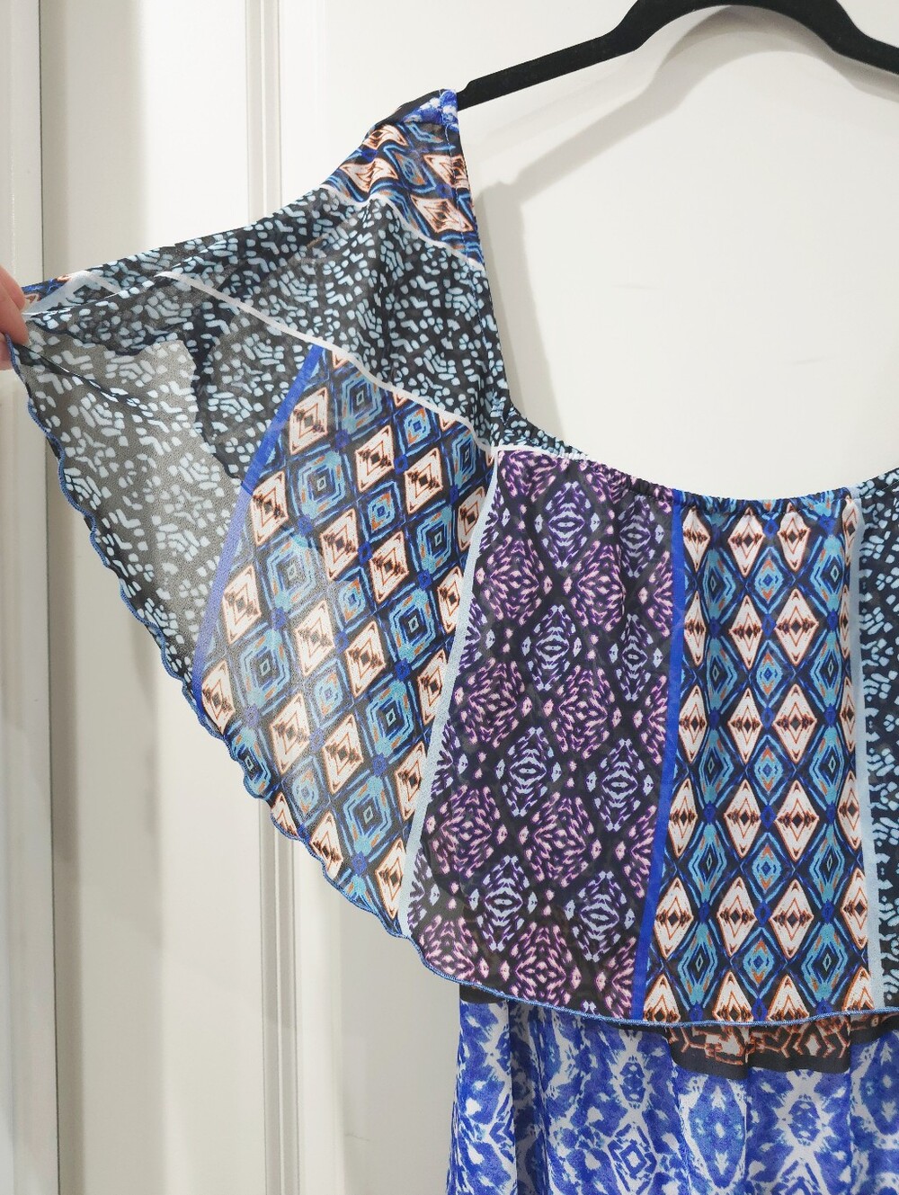 CHICOS Boho Off-Shoulder Patchwork Geometric Print Maxi Dress, Size 1, Medium - Picture 5 of 14